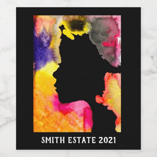 Zonnebloemdame silhouette waterverf wijn etiket (Enkel label)