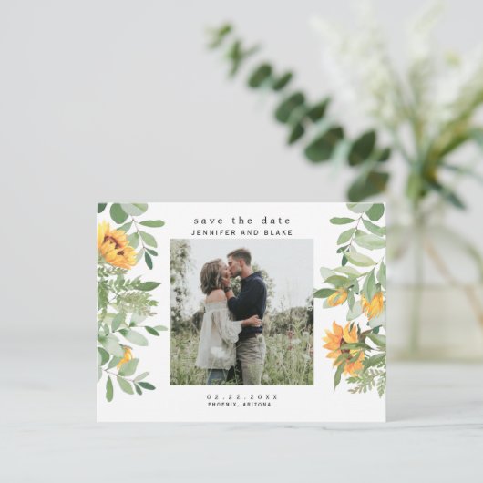 Zonnebloemdraden Foto opslaan Datum Briefkaart (Staand voorkant)