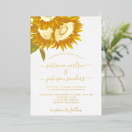 Zonnebloemelegant goudfolie, chic script bruiloft folie uitnodiging (Staand Voorkant)