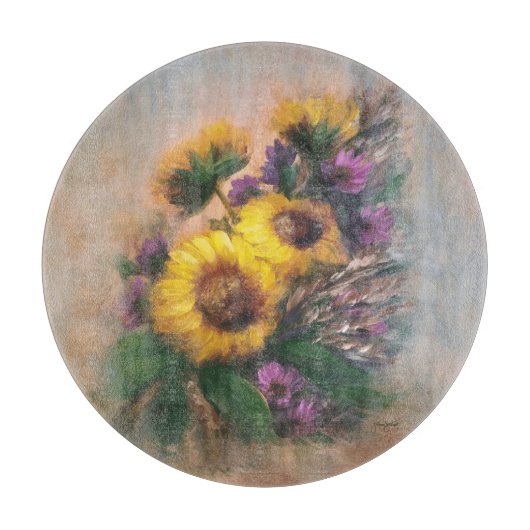 Zonnebloemen 12" Rond Snijplank (Voorkant)