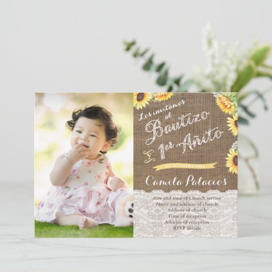 Zonnebloemen 1e verjaardag Baptisme | Cumple Bauti Kaart (Staand voorkant)