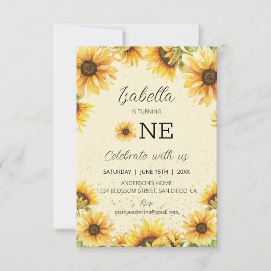 Zonnebloemen 1e verjaardag kaart (Voorkant)