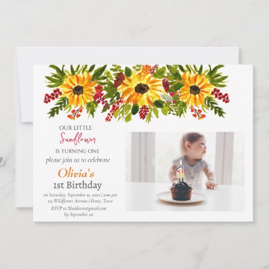 Zonnebloemen 1e Verjaardag Meisje Foto Floral Kaart (Voorkant)