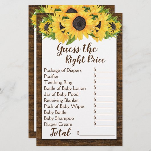 Zonnebloemen 2 Shower Games raden prijs en Baby vo (Voorkant / Achterkant)