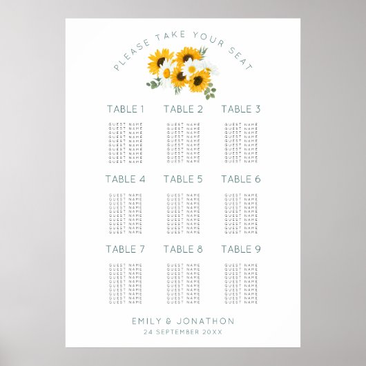 Zonnebloemen 9 Tabellen 90 Grafiek van de gastbank Poster (Voorkant)