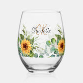 Zonnebloemen aangepaste naam monogram initialen wijnglas zonder voet (Achterkant)