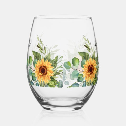 Zonnebloemen aangepaste naam monogram initialen wijnglas zonder voet (Links)