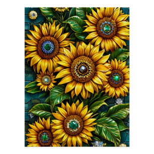 Zonnebloemen Afbeelden Met Edelsteenversieringen Perfect Poster