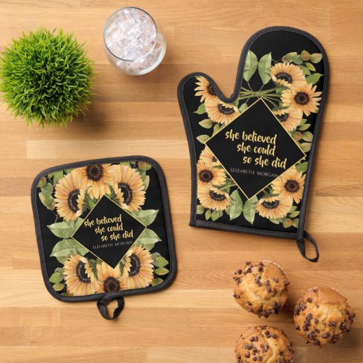 Zonnebloemen Afstuderen Pet Ovenwant & Pannenlap Set (Top down)