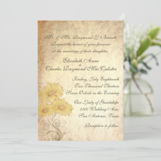 Zonnebloemen Antiek uitnodiging tot weddenschap (Staand voorkant)