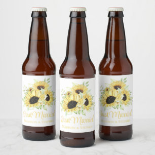 Zonnebloemen Aquarel Bloem Just Married Trouwen Bier Etiket