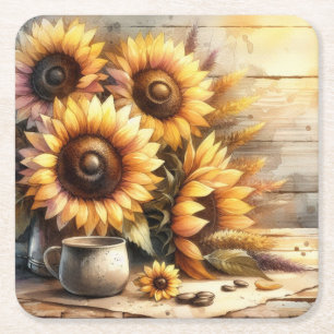Zonnebloemen Aquarel Schilderij Kartonnen Onderzetters