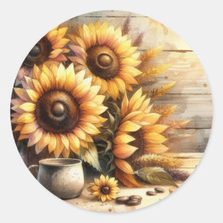 Zonnebloemen Aquarel Schilderij Ronde Sticker