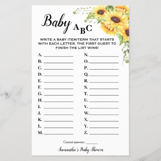 Zonnebloemen Baby ABC Baby shower Game Kaart (Voorkant)