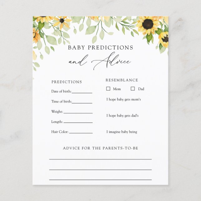 Zonnebloemen Baby Advice and Predication Card (Voorkant)