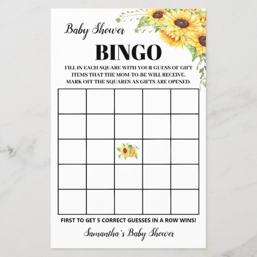 Zonnebloemen Baby shower Bingo Game Kaart (Voorkant)