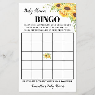 Zonnebloemen Baby Shower Bingo Spelkaart Flyer