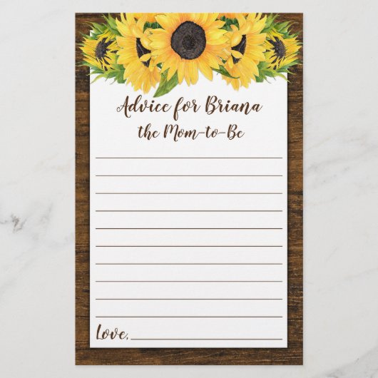 Zonnebloemen Baby shower Games Advice and Wishes (Voorkant)