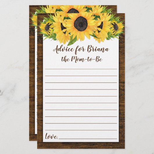 Zonnebloemen Baby shower Games Advice and Wishes (Voorkant / Achterkant)