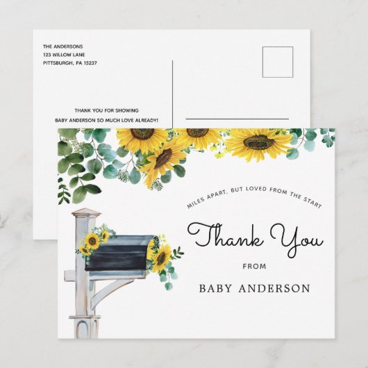 Zonnebloemen Baby shower per post Dank u Briefkaart (Voorkant / Achterkant)