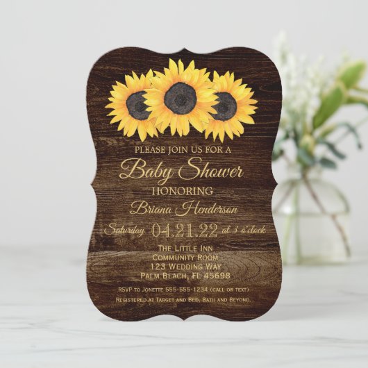 Zonnebloemen Baby shower Uitnodiging Rustisch hout (Staand voorkant)