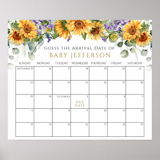 Zonnebloemen Baby shower Vervaldatum kalender Poster (Voorkant)
