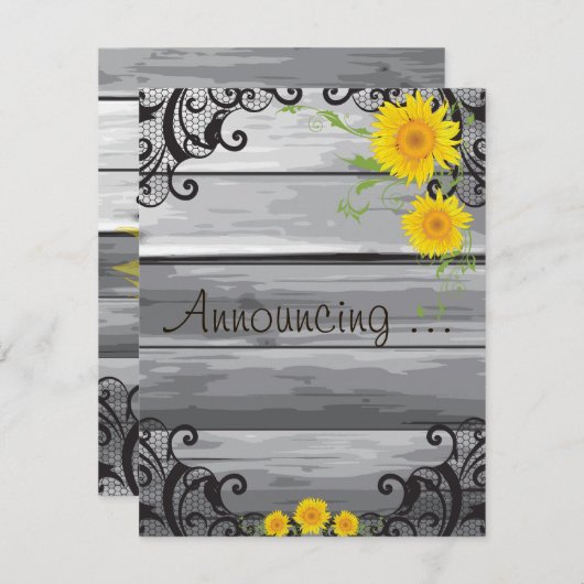 Zonnebloemen Barn Hout Collectie Trouwkaart Aankon Aankondiging (Voorkant / Achterkant)