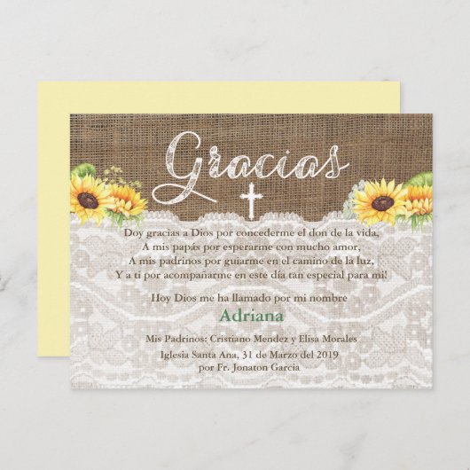 Zonnebloemen Bautismo Spaanse doop Dank u kaart (Voorkant / Achterkant)