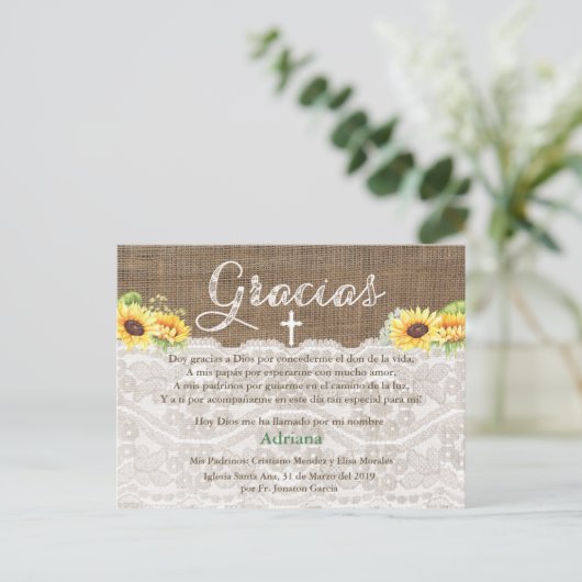 Zonnebloemen Bautismo Spaanse doop Dank u kaart (Staand voorkant)
