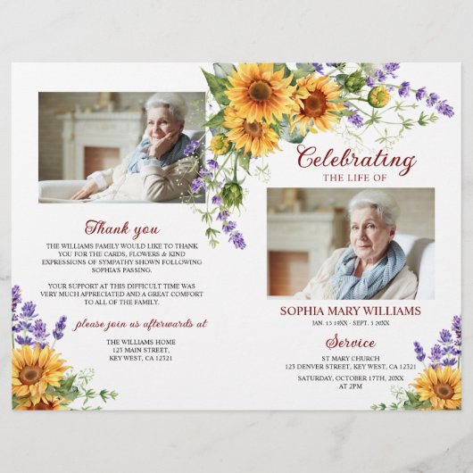 Zonnebloemen begrafenisprogramma | Volgorde van de (Voorkant)