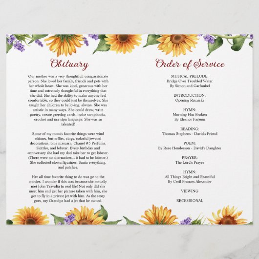 Zonnebloemen begrafenisprogramma | Volgorde van de (Achterkant)
