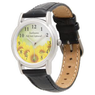 Zonnebloemen Bekijk de zwarte leder van vrouwen Horloge