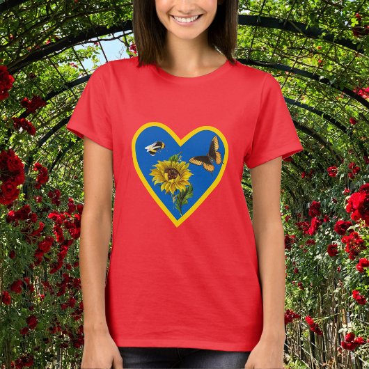 Zonnebloemen, bijen en vlinderblauw en geel hart t-shirt
