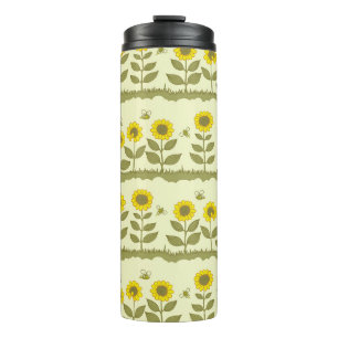 Zonnebloemen, bijen, schattig naadloos patroon. thermosbeker