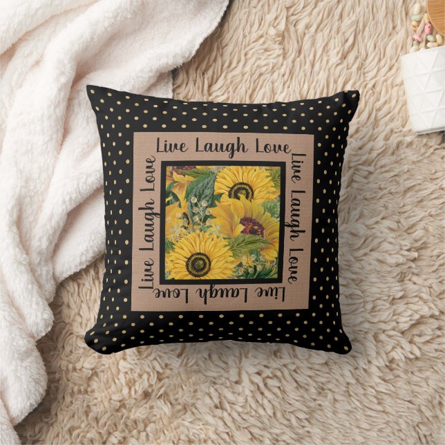Zonnebloemen Black Gold Polka Dot Live Laugh Love Kussen (Deken)