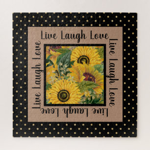 Zonnebloemen Black Gold Polka Dot Live Laugh Love Legpuzzel