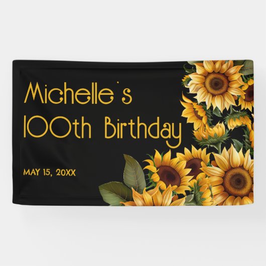 Zonnebloemen Black Rustic Elegant 100th Birthday Spandoek (Horizontaal)