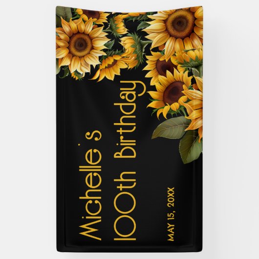 Zonnebloemen Black Rustic Elegant 100th Birthday Spandoek (Verticaal)