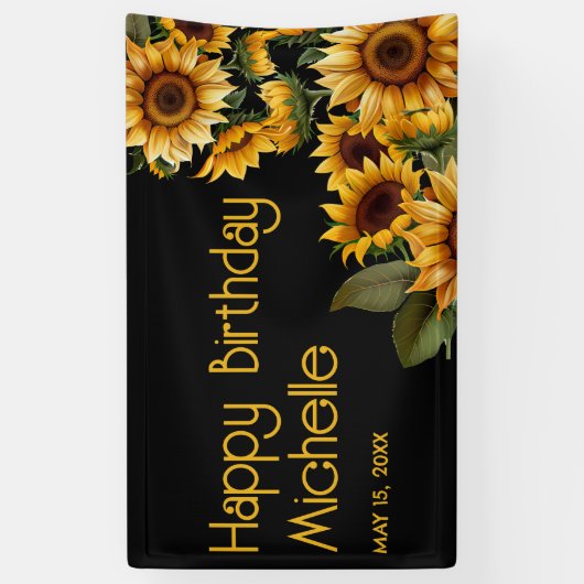 Zonnebloemen Black Rustic Elegant Happy Birthday Spandoek (Verticaal)
