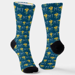 Zonnebloemen & Bladeren Monogram Blauw Patroon Sokken