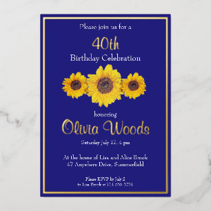 Zonnebloemen blauw - 40e verjaardag folie uitnodiging