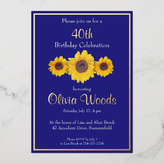 Zonnebloemen blauw - 40e verjaardag folie uitnodiging (Voorkant)
