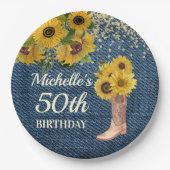 Zonnebloemen Blauw Denim Cowboy laarzen 50ste verj Papieren Bordje (Voorkant)