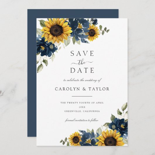 Zonnebloemen, blauw, hout, bespaar de datum kaart (Voorkant / Achterkant)