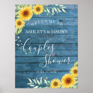 Zonnebloemen blauw hout Koppels Douche welkomstbor Poster
