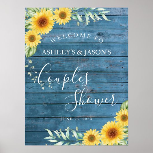 Zonnebloemen blauw hout Koppels Douche welkomstbor Poster (Voorkant)