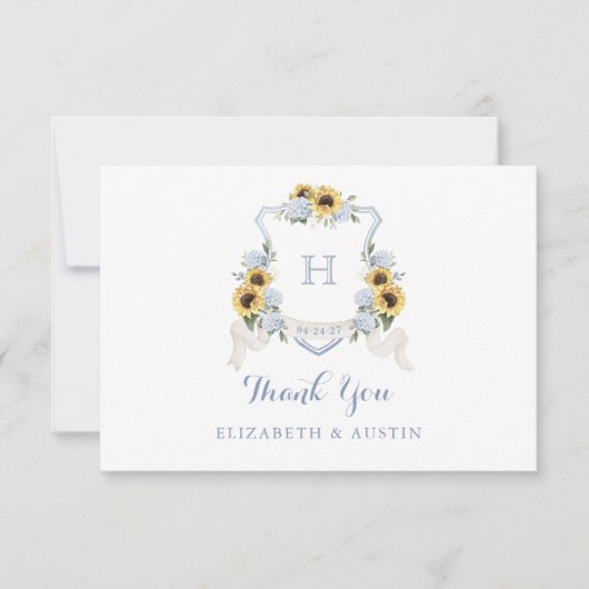 Zonnebloemen Blauw Hydrangea Crest Bruiloft Monogr Bedankkaart (Voorkant)