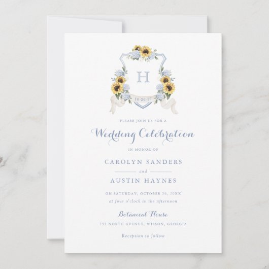 Zonnebloemen Blauw Hydrangea Crest Monogram Bruilo Kaart (Voorkant)