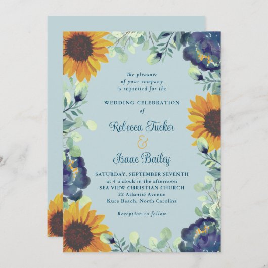 Zonnebloemen & Blauwe Bloemen Groen Bloemen Bloeme Kaart (Voorkant / Achterkant)