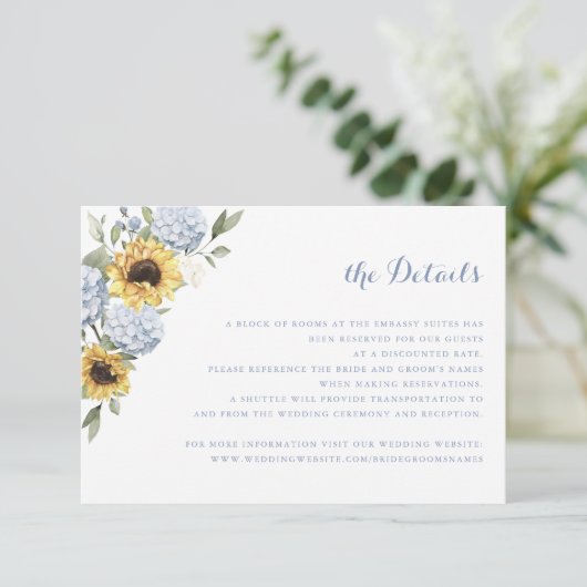 Zonnebloemen Blauwe Hortensia Groene Huwelijksdeta Kaart (Staand voorkant)